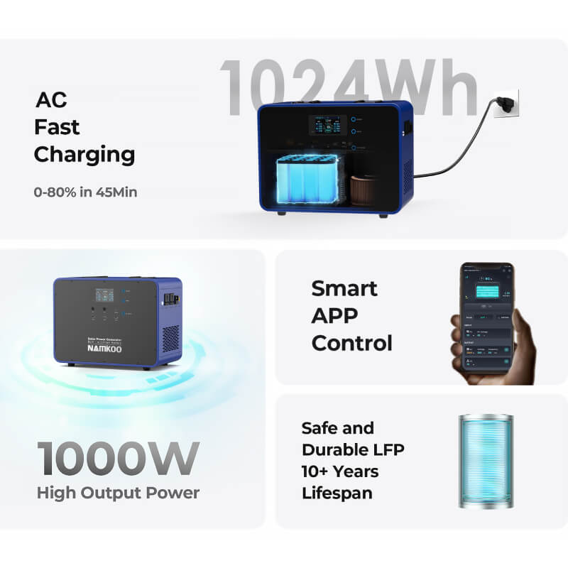 1000W Portable LifePO4 Battery Solar Generator Solar 1kw Home Appliance Power Station with Fast Charging